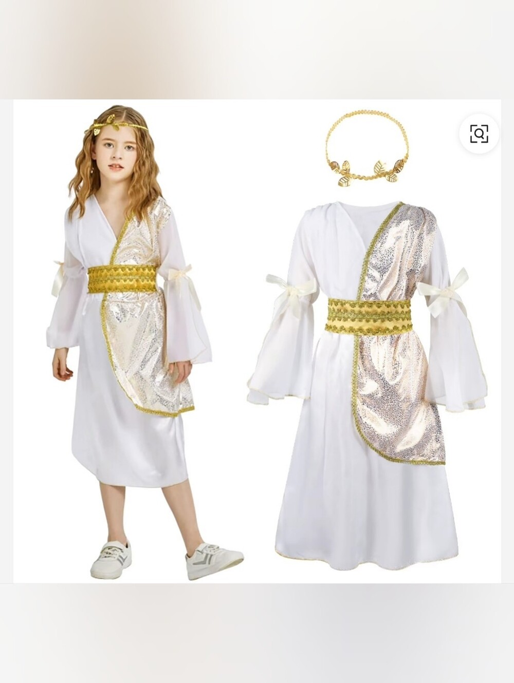 Kid's Goddess White and Gold Kids Costume Dress with Headband & Belt NIP XXL